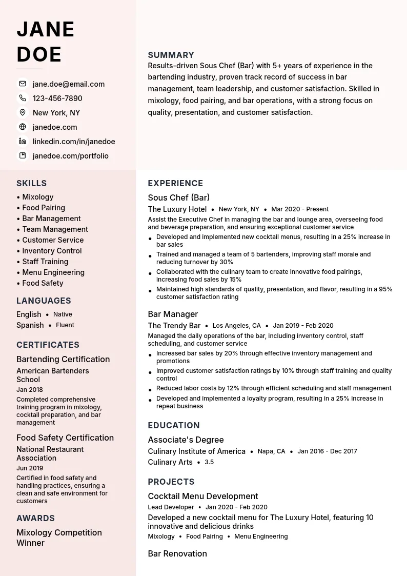 Sous Chef (Bar) resume example
