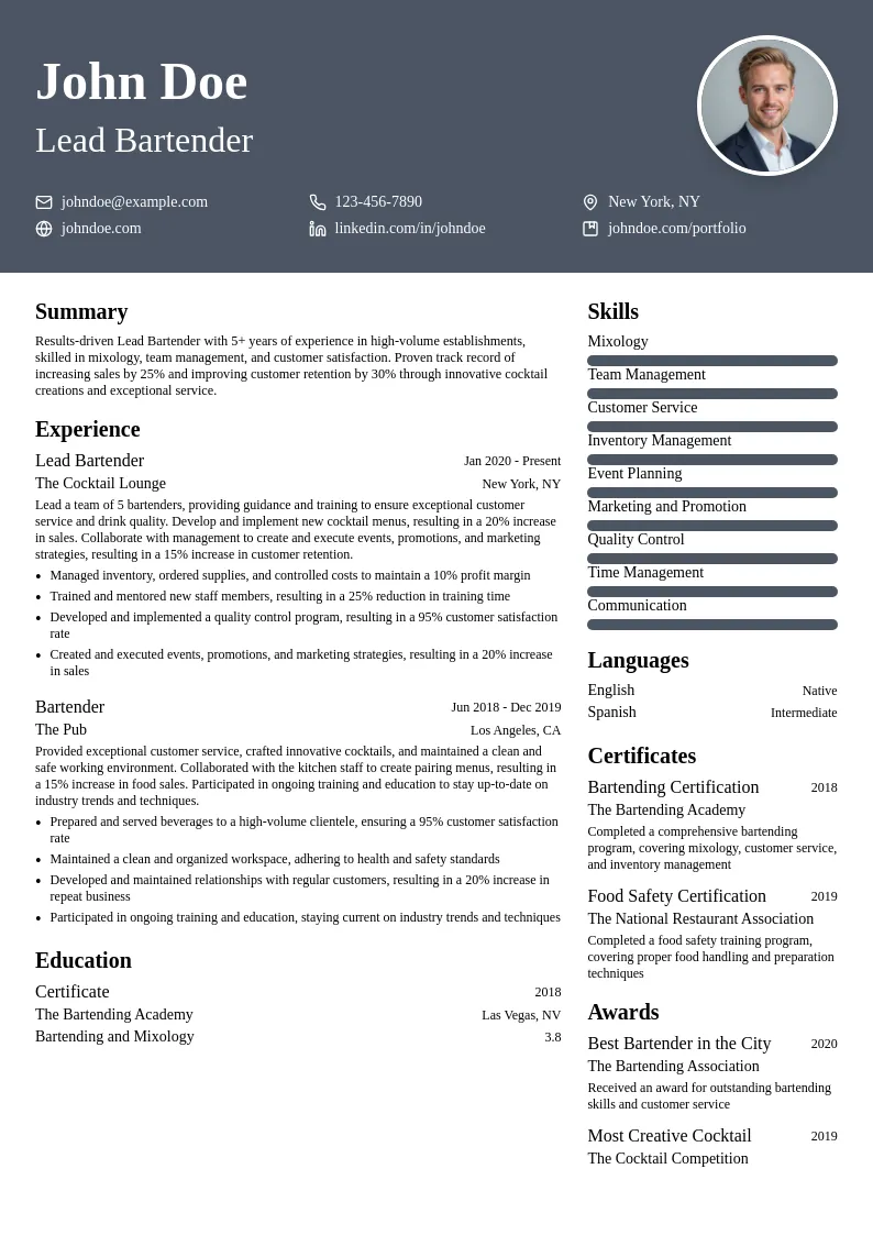 Lead Bartender resume example