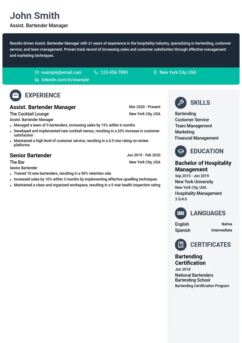 Assist. Bartender Manager resume example