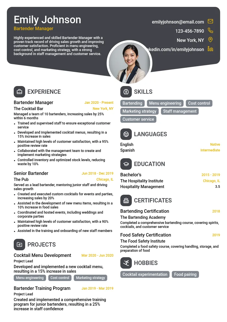 Bartender Manager resume example