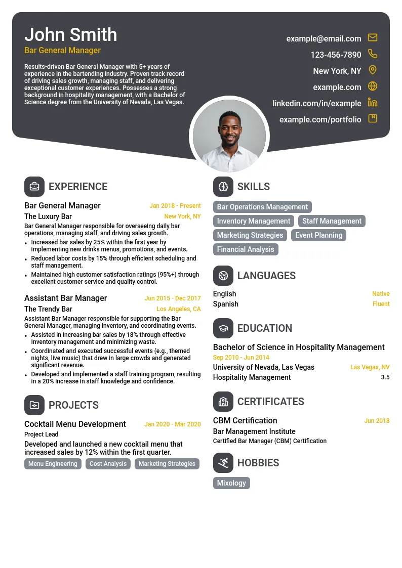 Bar General Manager resume example