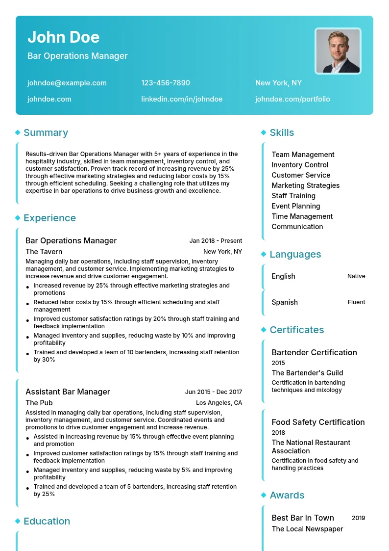 Bar Operations Manager resume example
