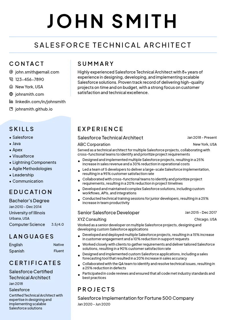 Salesforce Technical Architect resume example