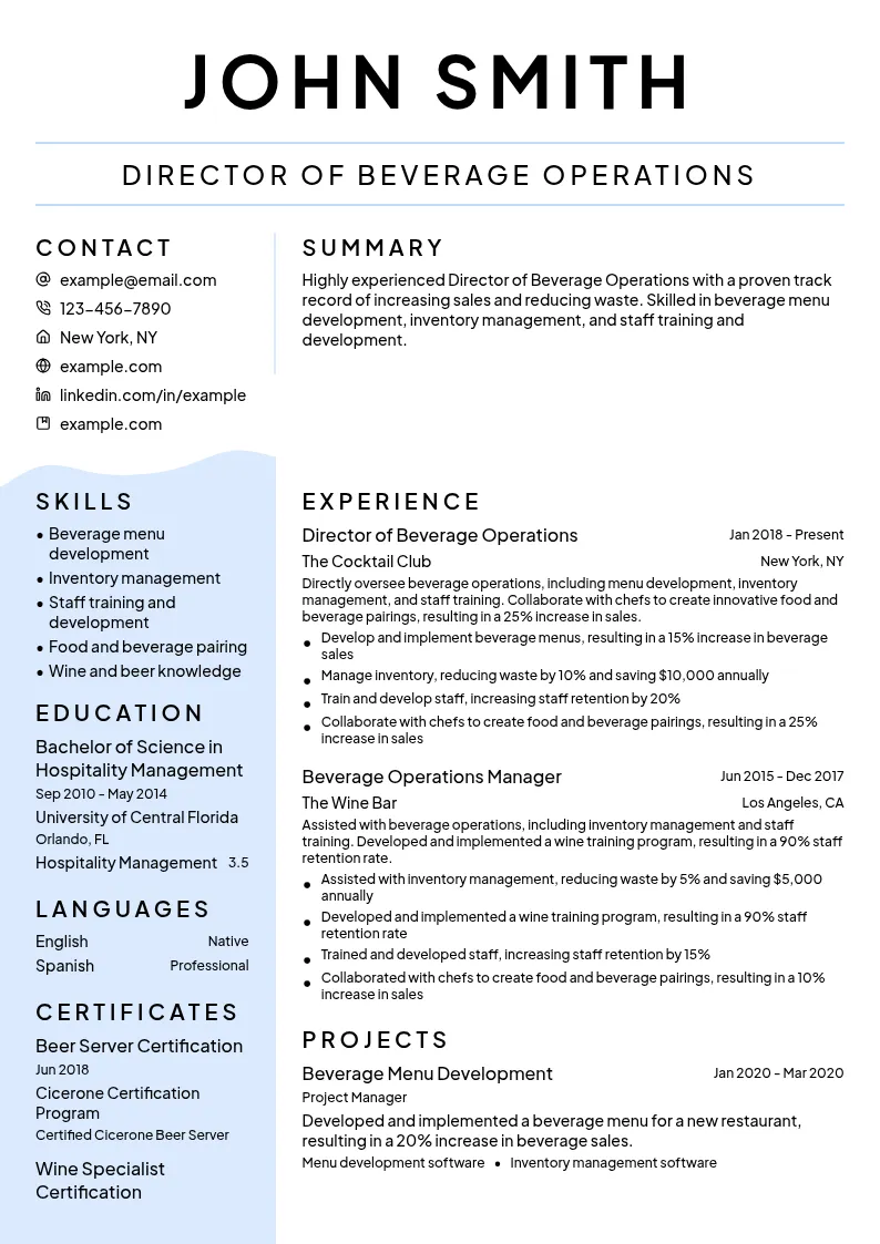 Director of Beverage Operations resume example