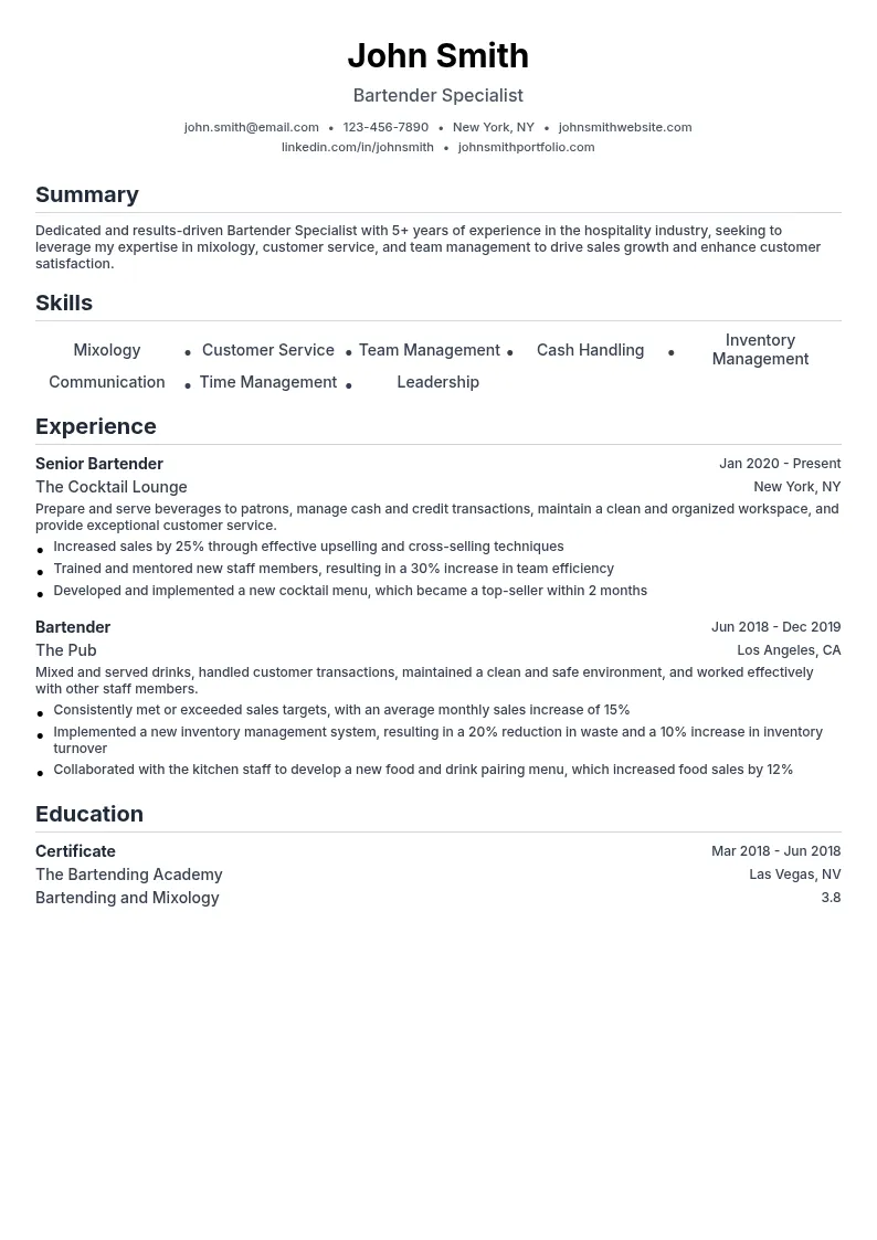 Bartender Specialist resume example