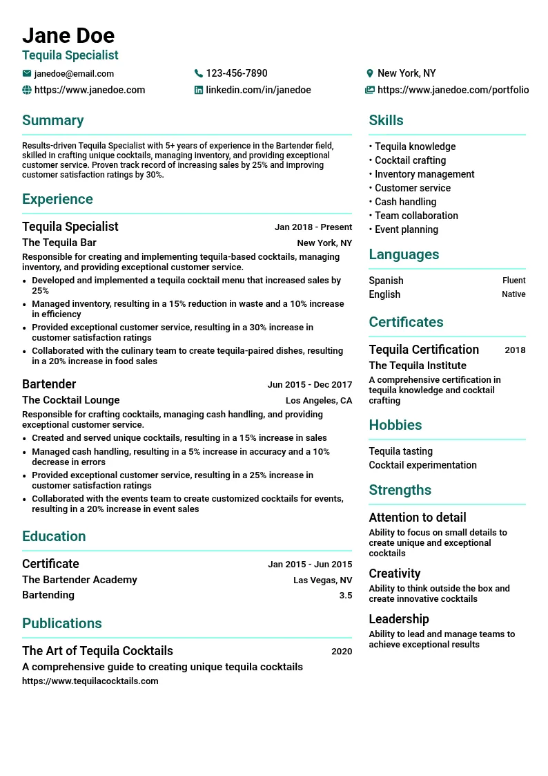 Tequila Specialist resume example