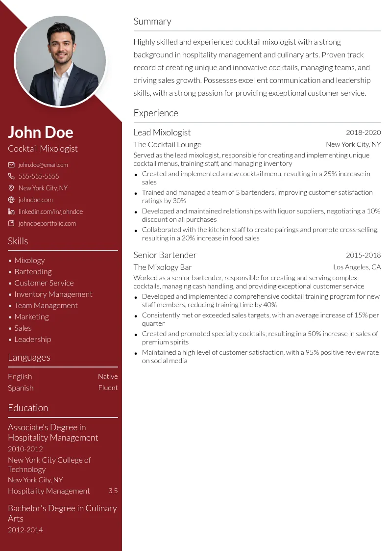 Cocktail Mixologist resume example