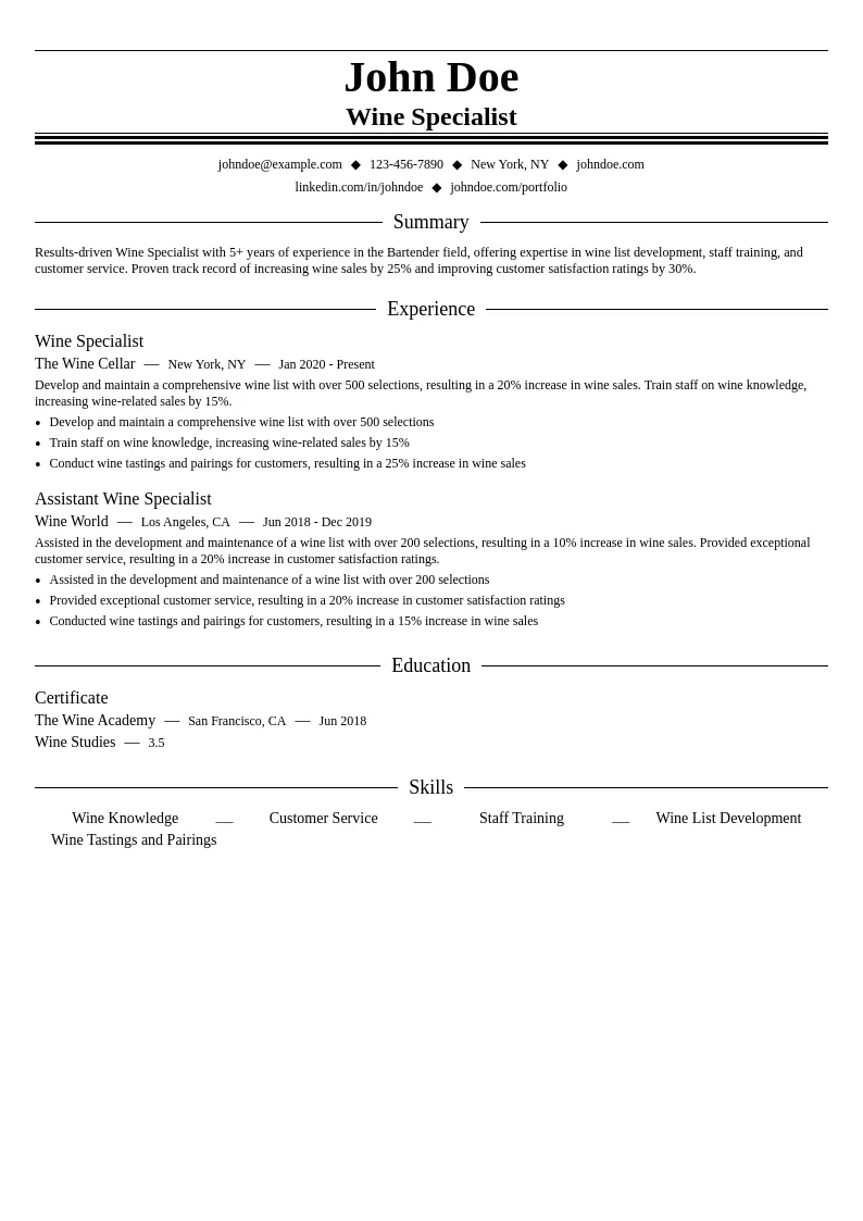 Wine Specialist resume example