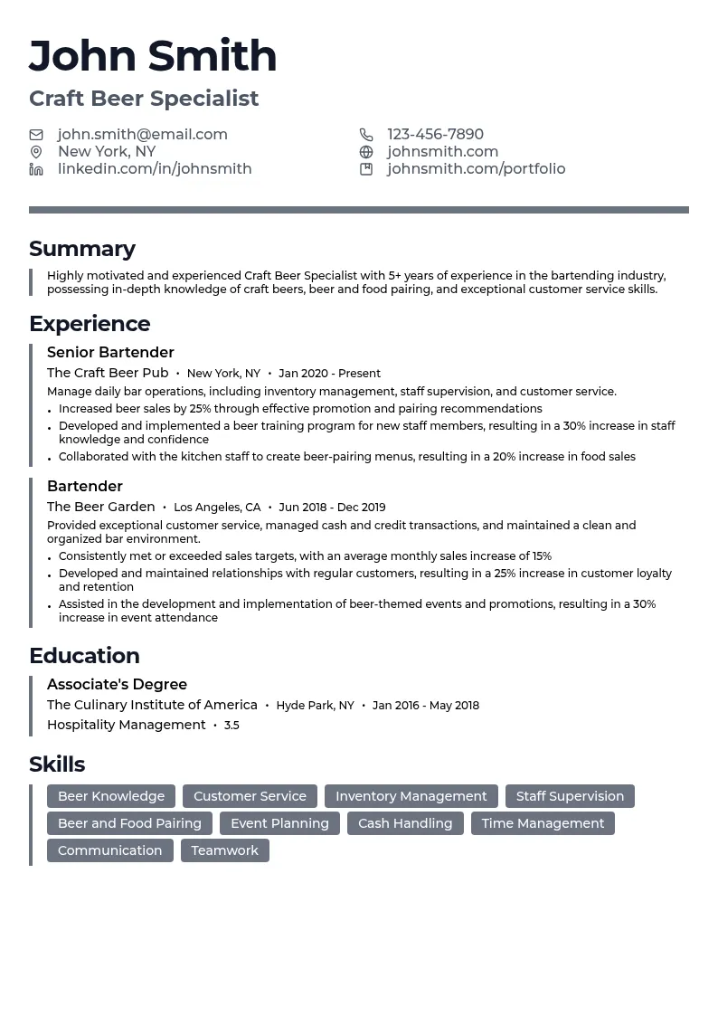 Craft Beer Specialist resume example