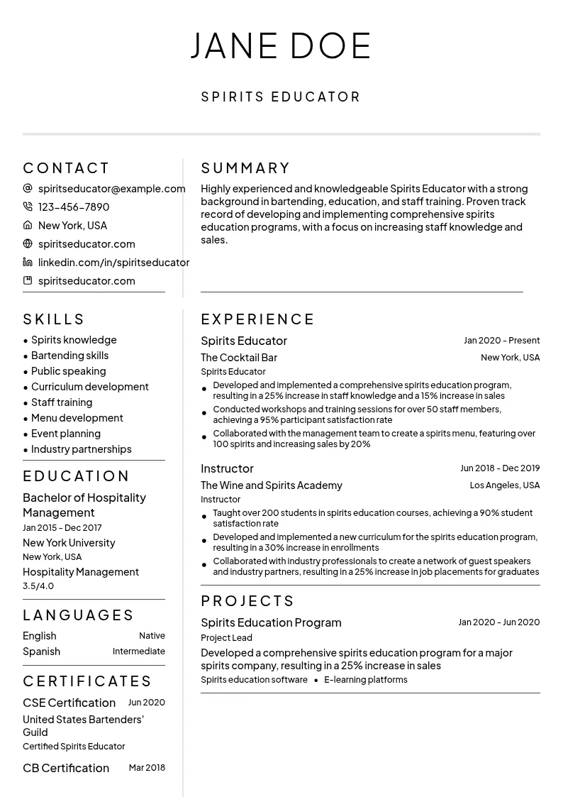 Spirits Educator resume example