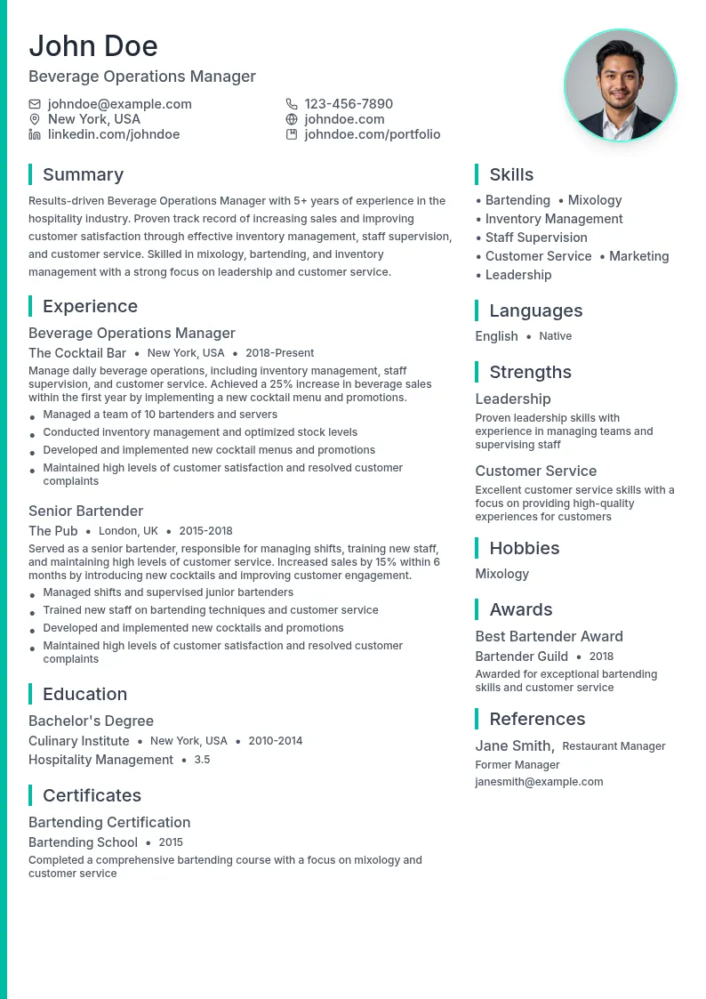 Beverage Operations Manager resume example
