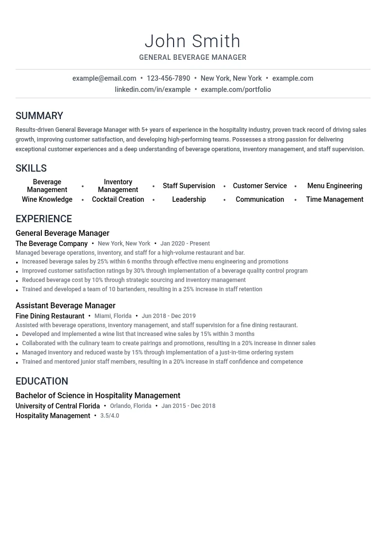 General Beverage Manager resume example
