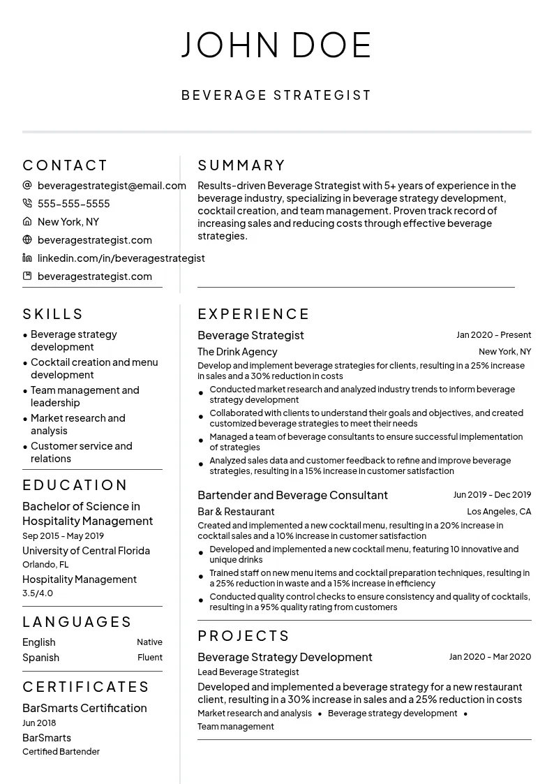 Beverage Strategist resume example