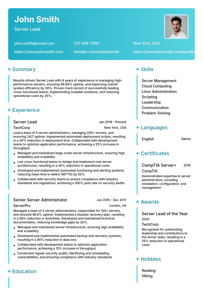 Server Lead resume example
