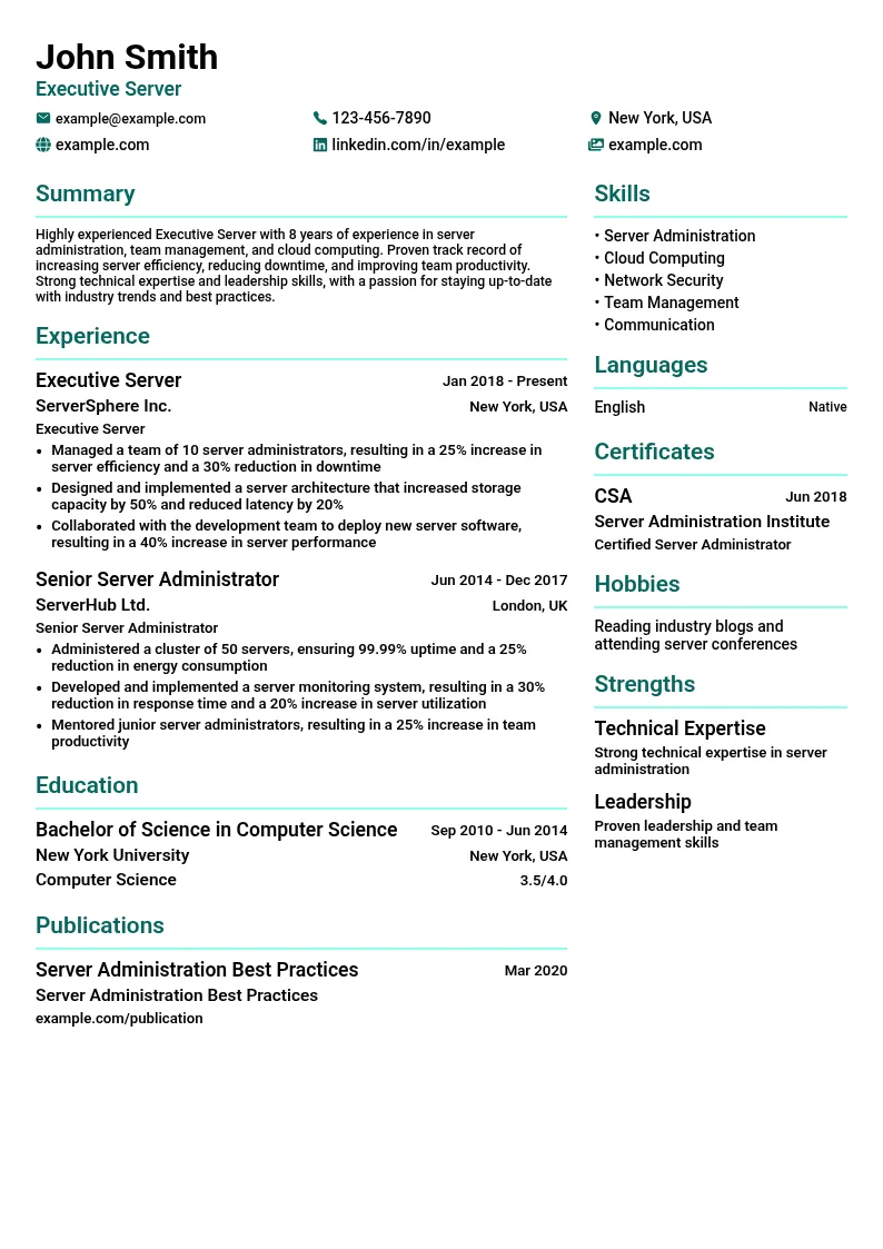 Executive Server resume example