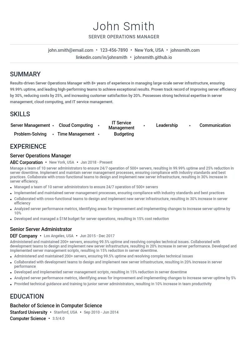 Server Operations Manager resume example