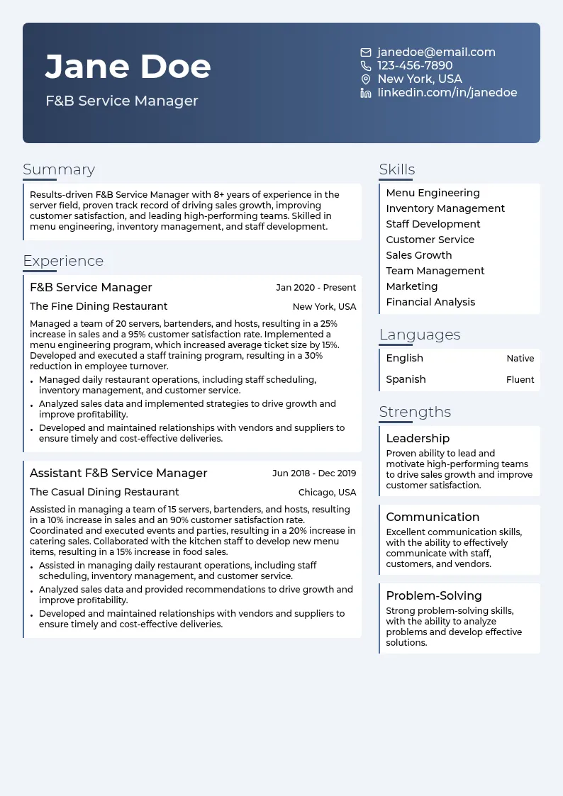 F&B Service Manager resume example