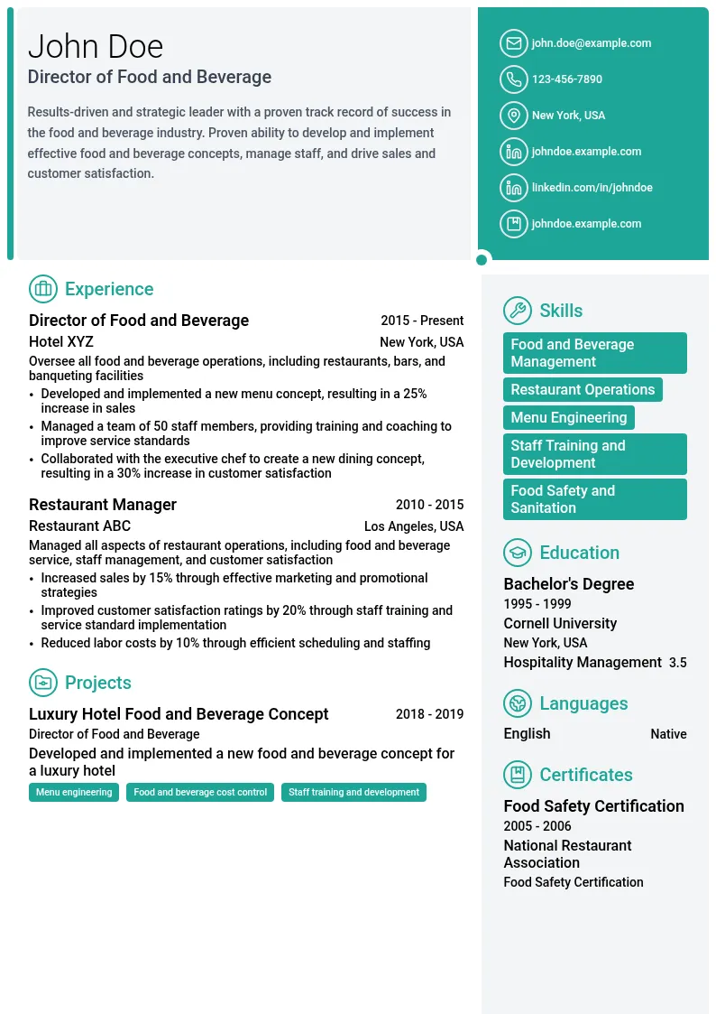 Director of Food and Beverage resume example
