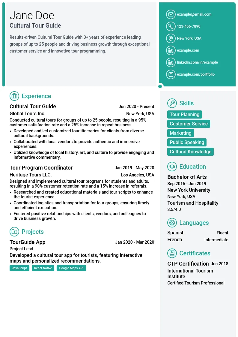 Cultural Tour Guide resume example