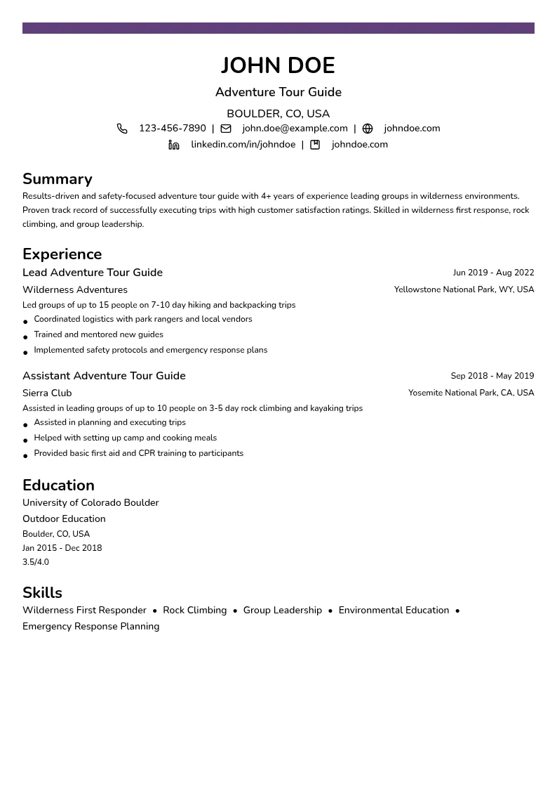 Adventure Tour Guide resume example