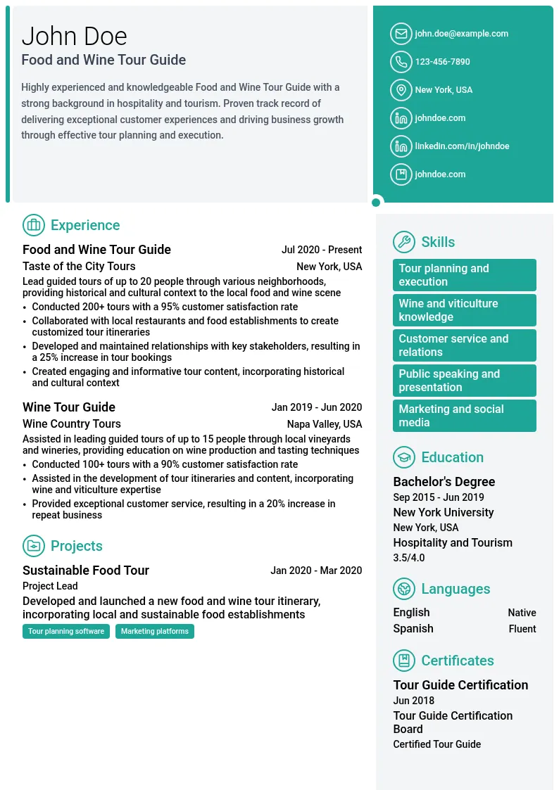 Food and Wine Tour Guide resume example