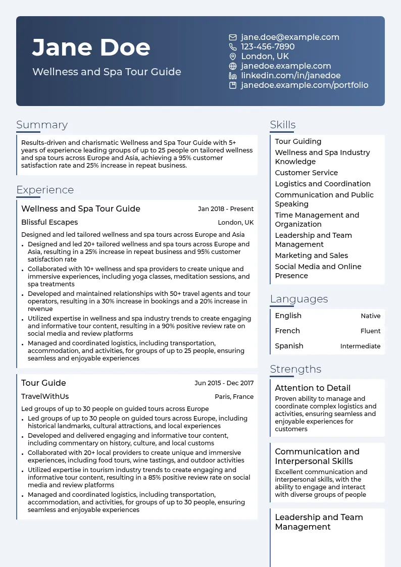 Wellness and Spa Tour Guide resume example