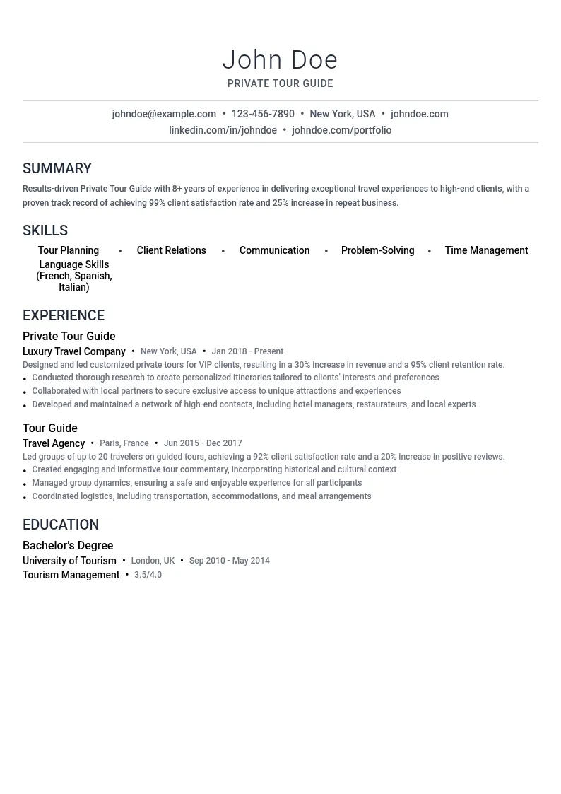 Private Tour Guide resume example