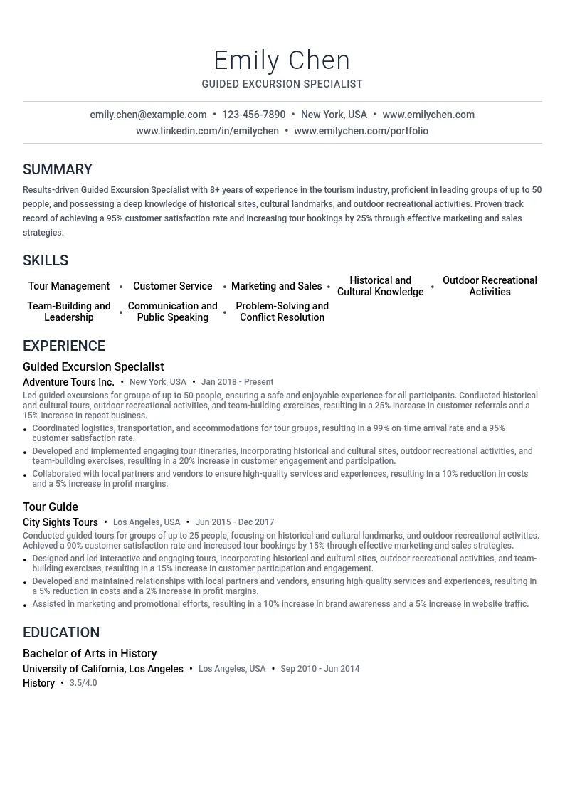 Guided Excursion Specialist resume example
