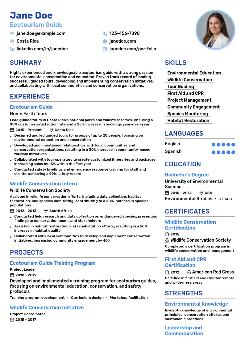 Ecotourism Guide resume example