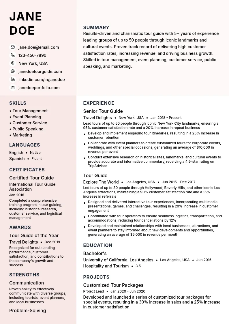 Special Event Tour Guide resume example
