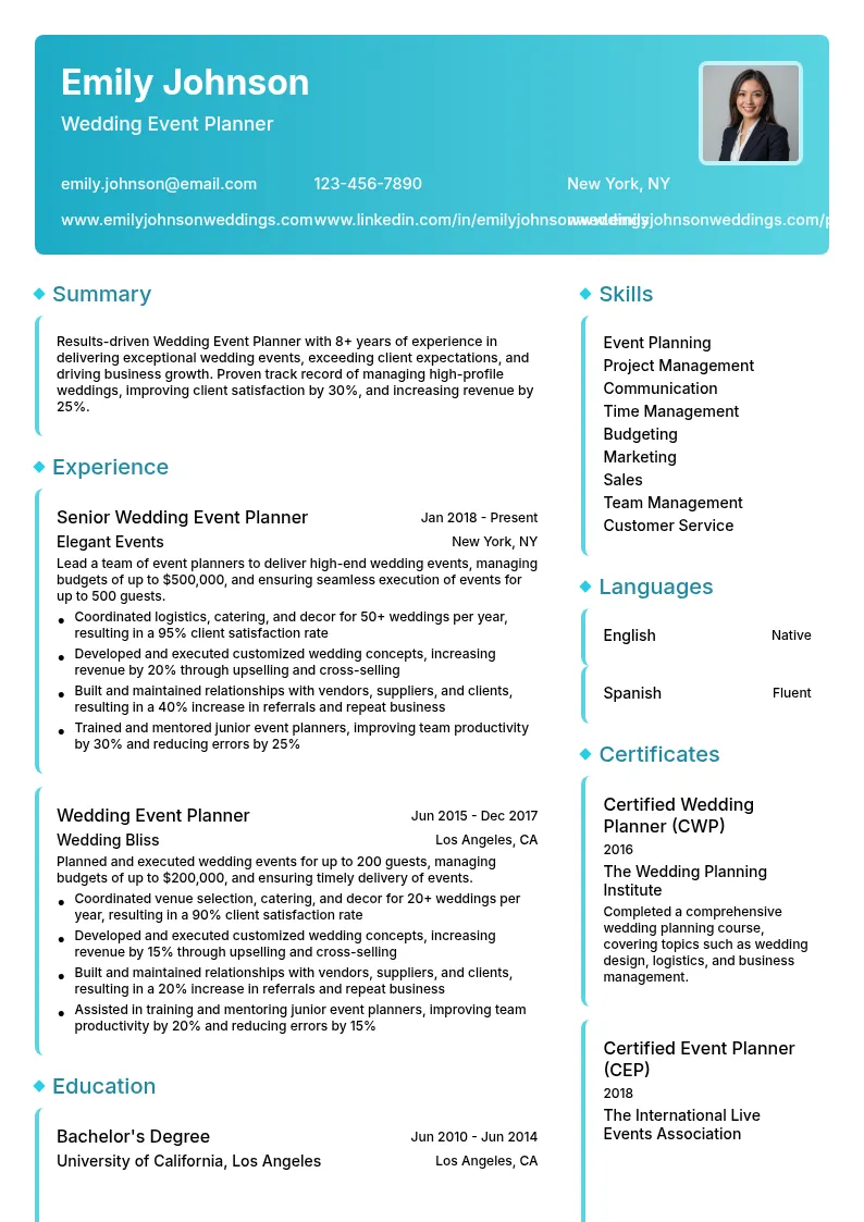 Wedding Event Planner resume example