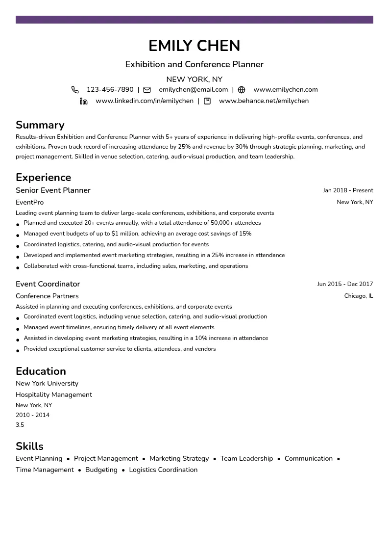 Exhibition and Conference Planner resume example