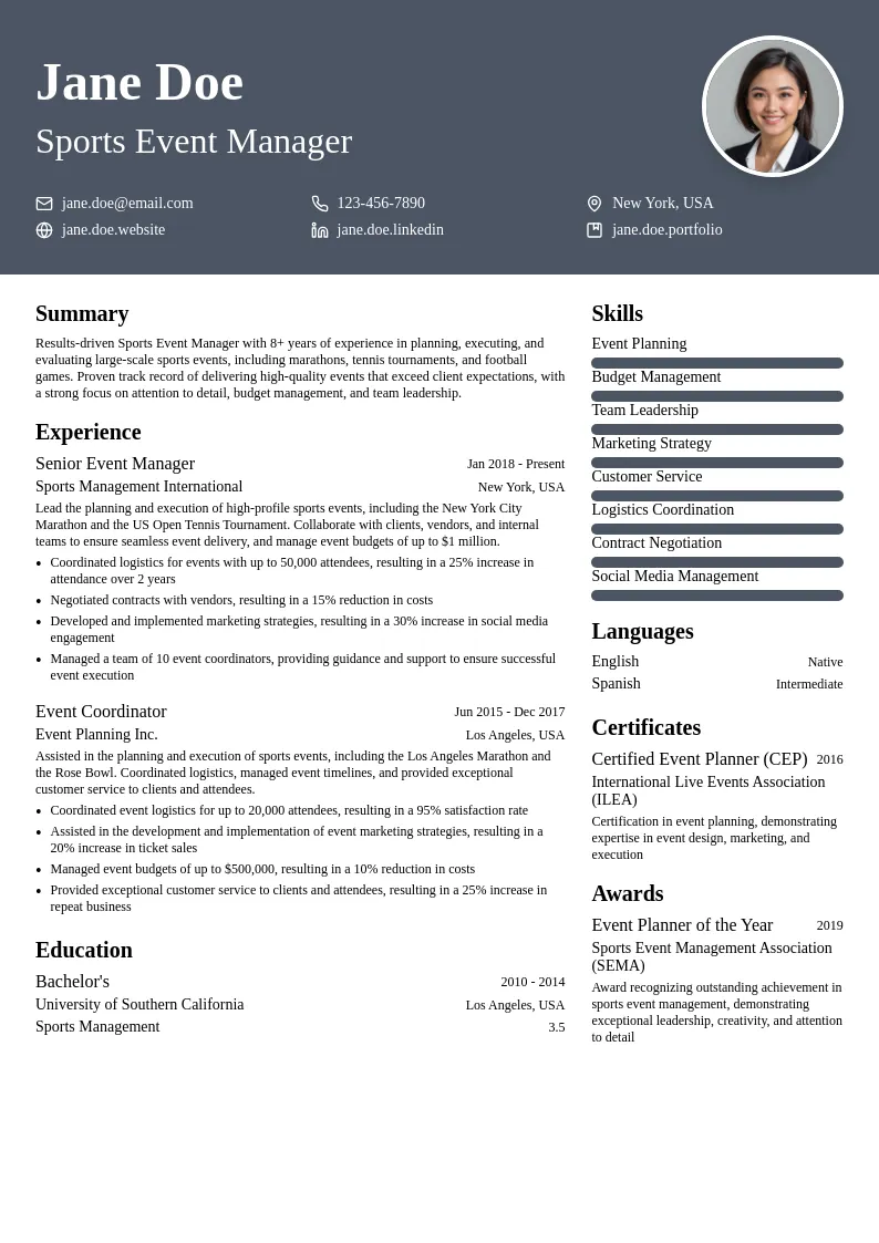 Sports Event Manager resume example
