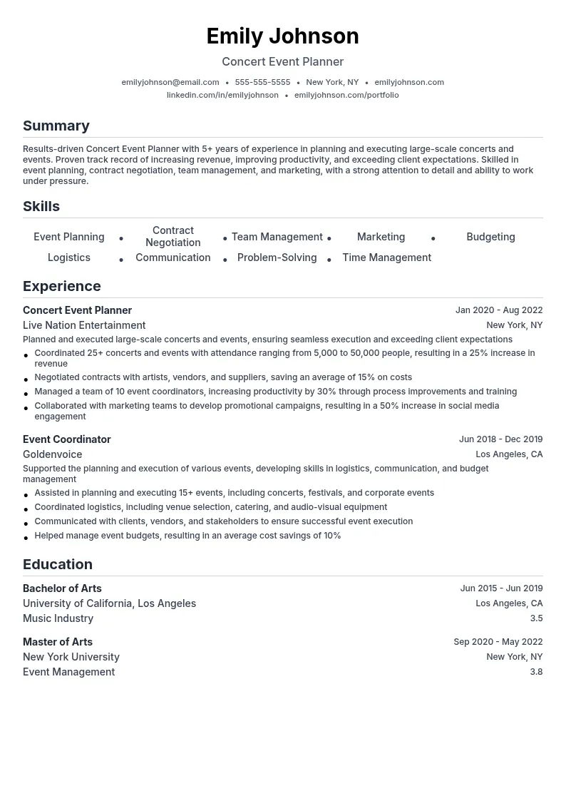 Concert Event Planner resume example