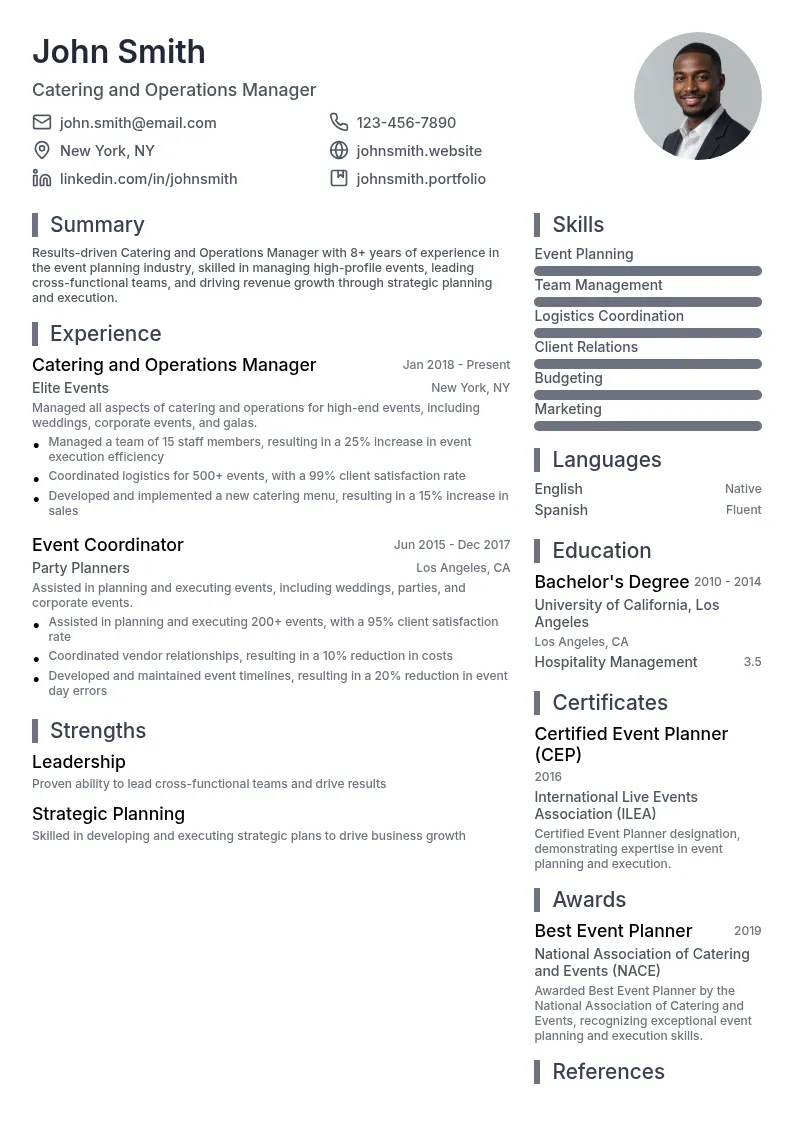 Catering and Operations Manager resume example