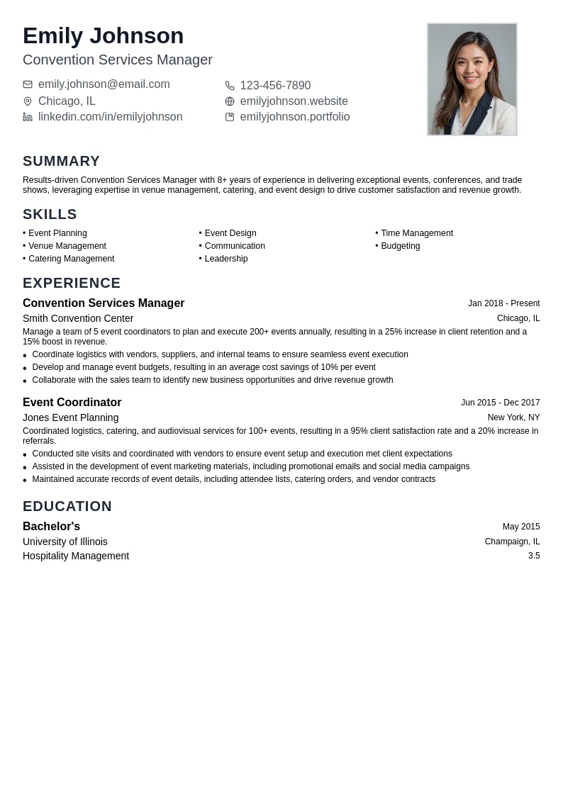 Convention Services Manager resume example