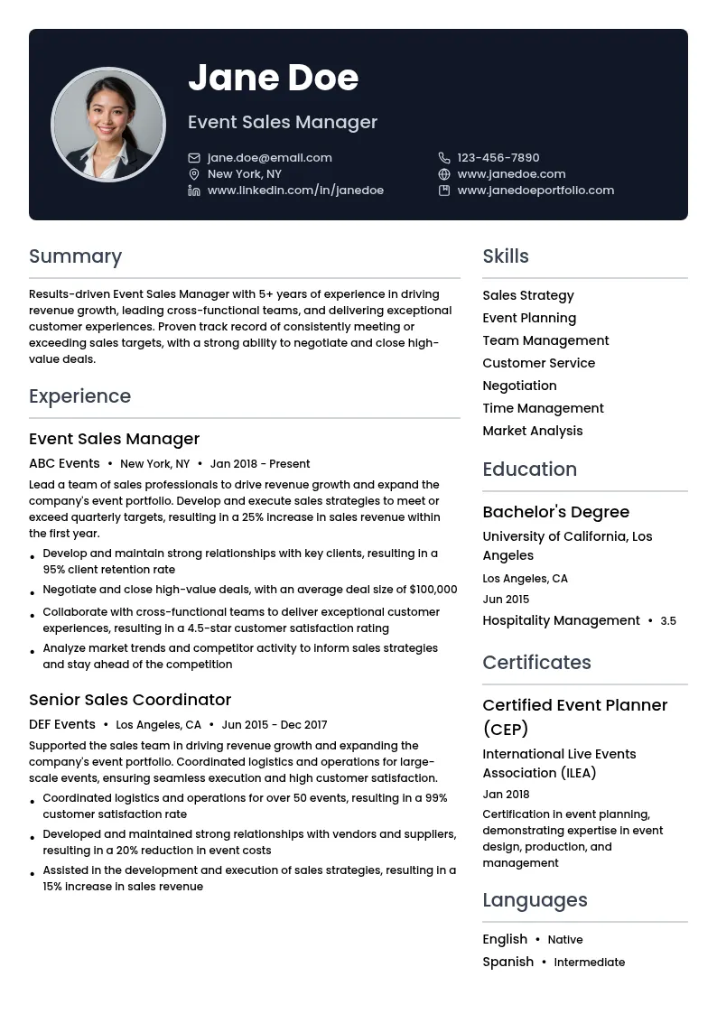 Event Sales Manager resume example