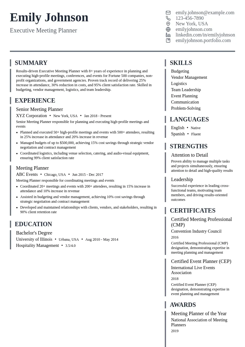 Executive Meeting Planner resume example