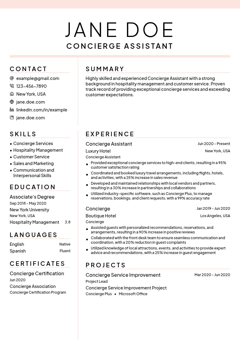 Concierge Assistant resume example