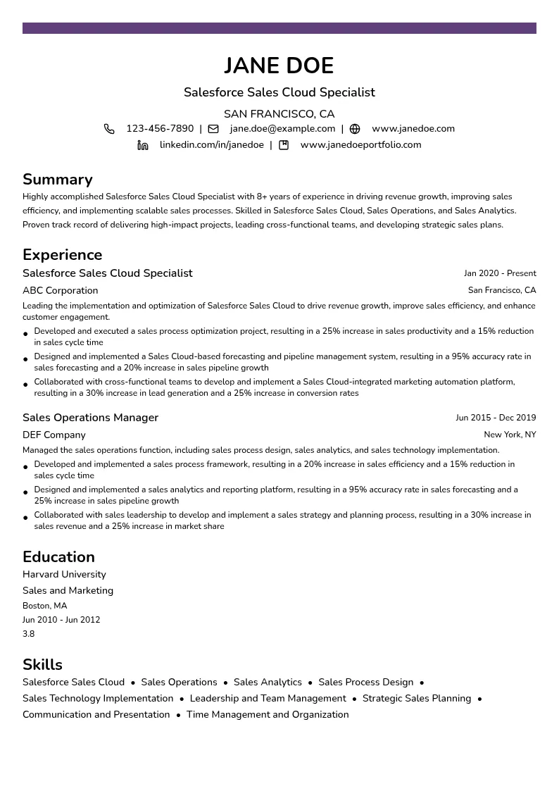 Salesforce Sales Cloud Specialist resume example