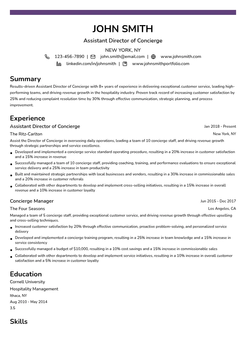 Assistant Director of Concierge resume example