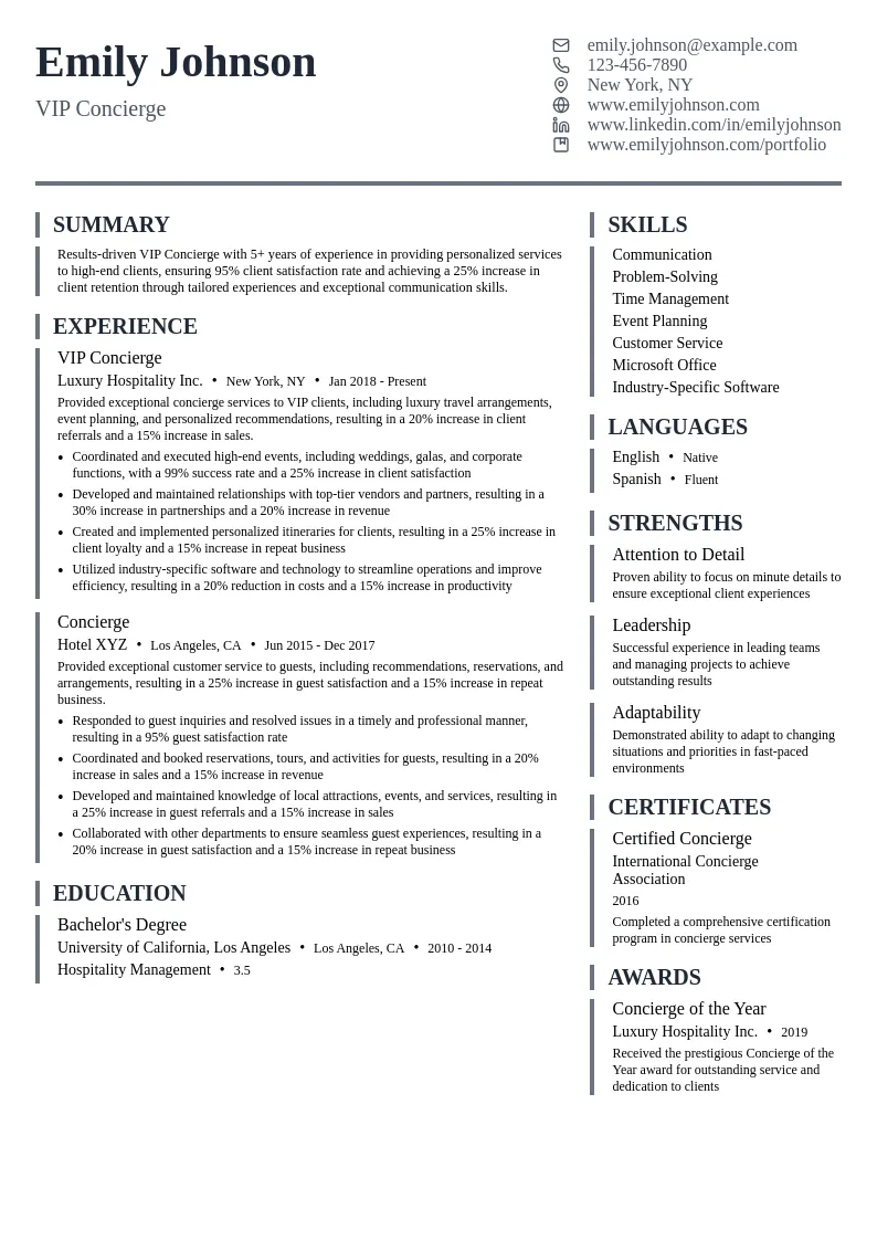 VIP Concierge resume example