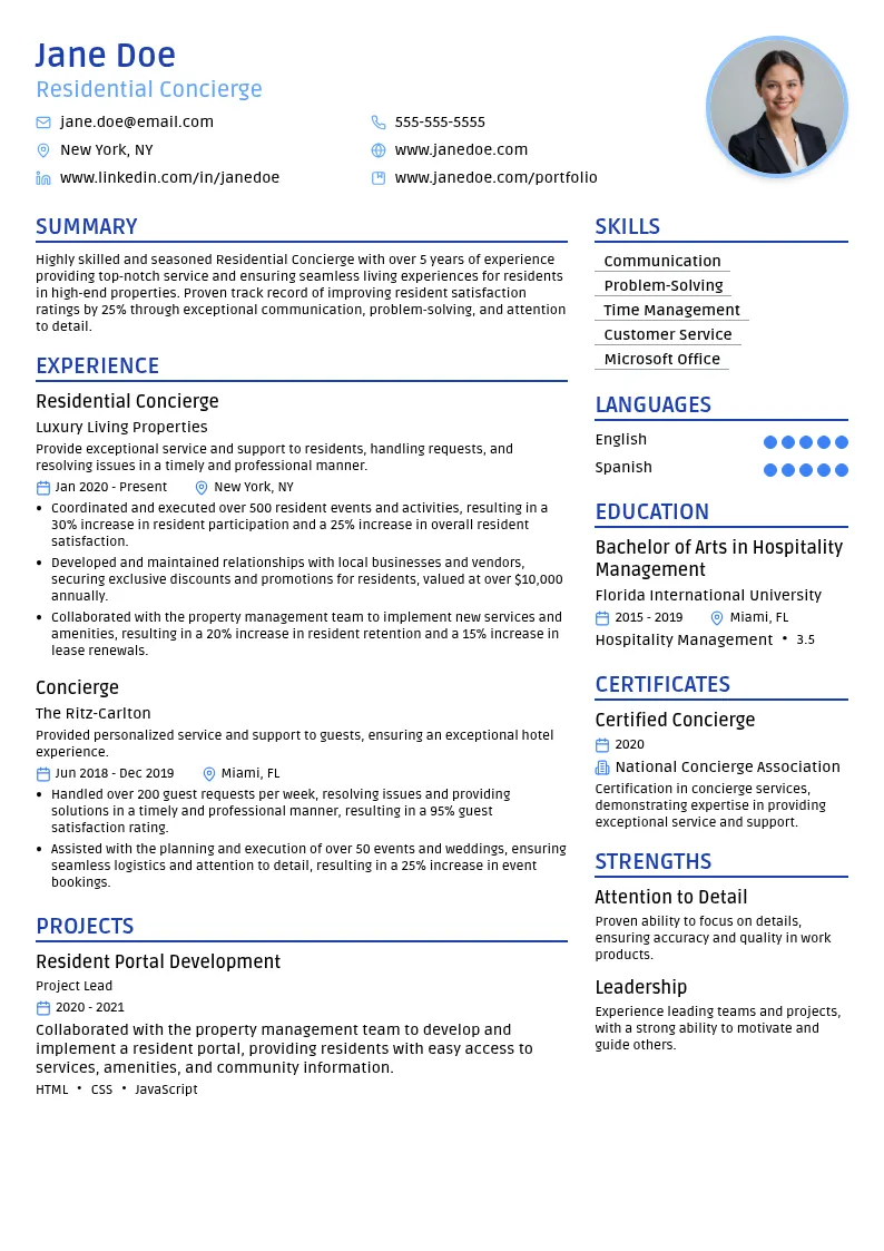 Residential Concierge resume example