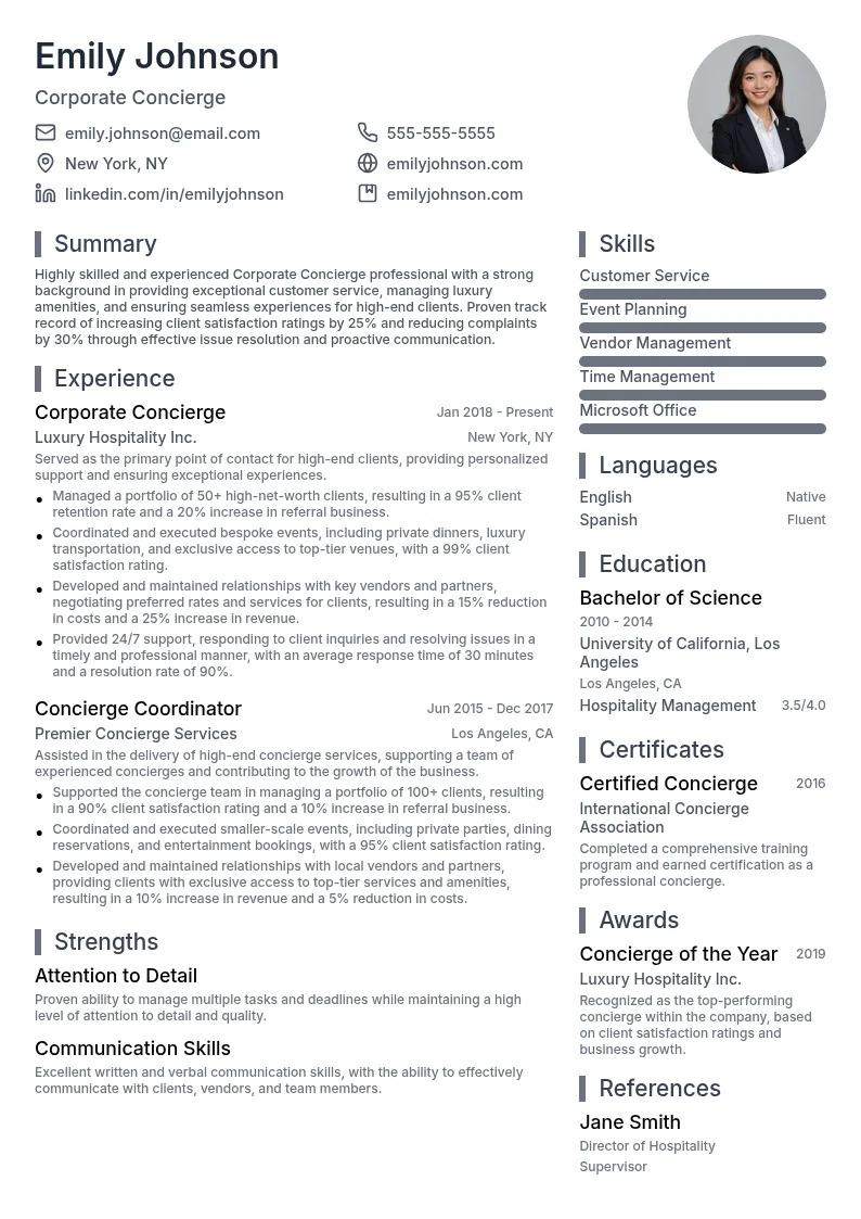 Corporate Concierge resume example