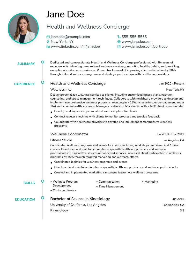 Health and Wellness Concierge resume example