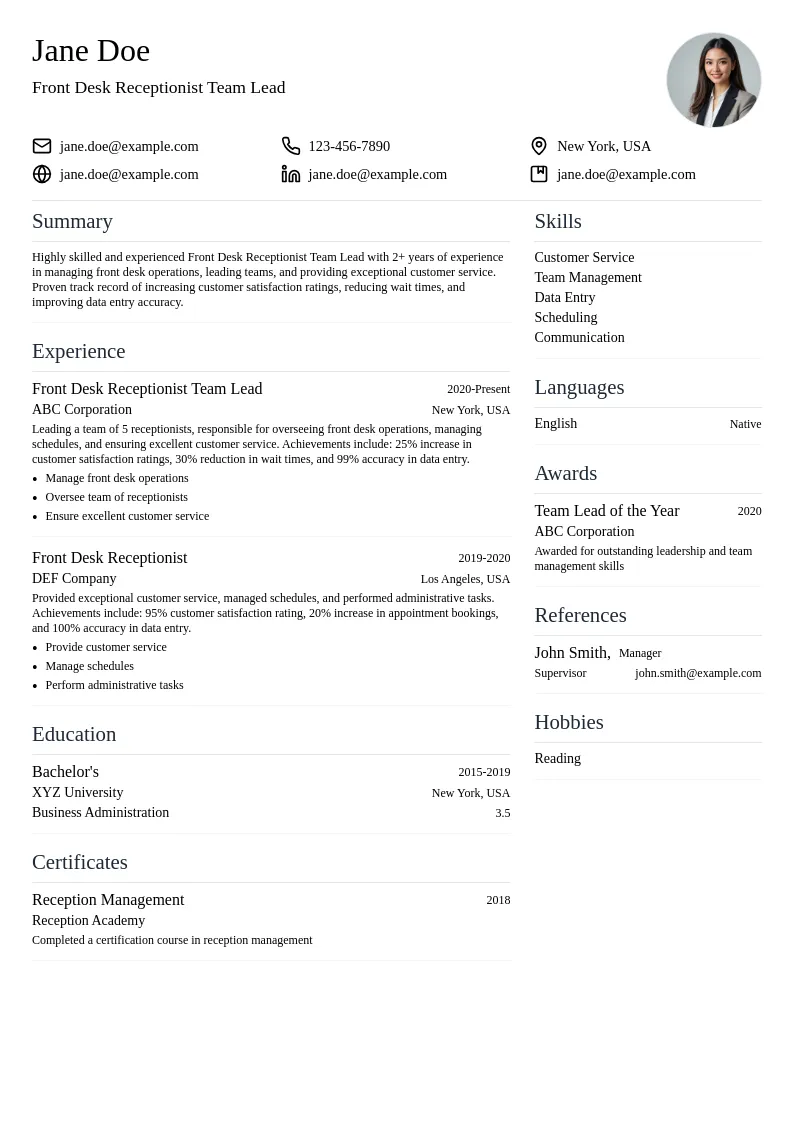 Front Desk Receptionist Team Lead resume example