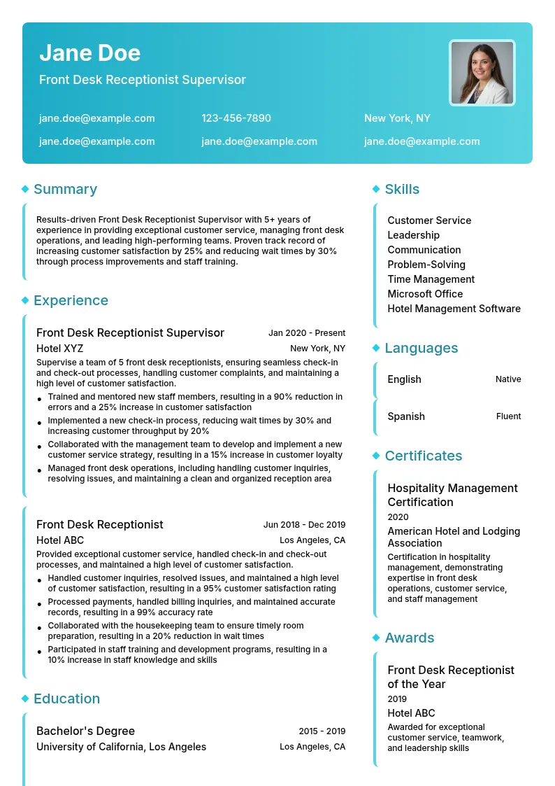 Front Desk Receptionist Supervisor resume example