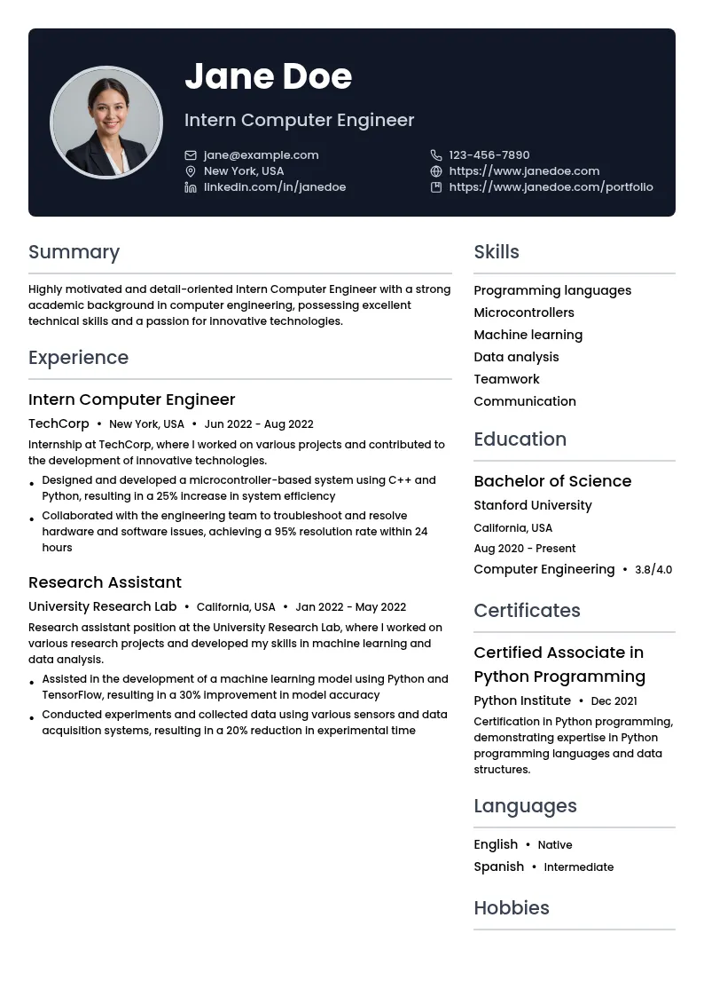 Intern Computer Engineer resume example