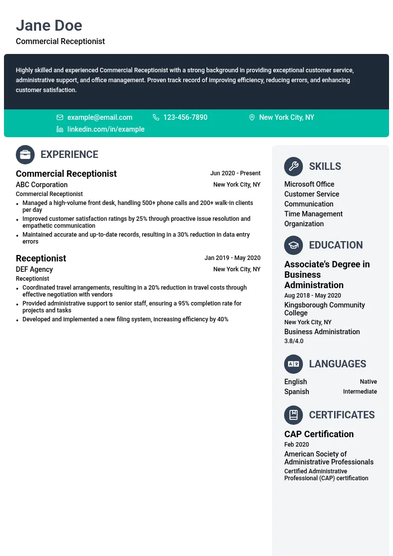 Commercial Receptionist resume example