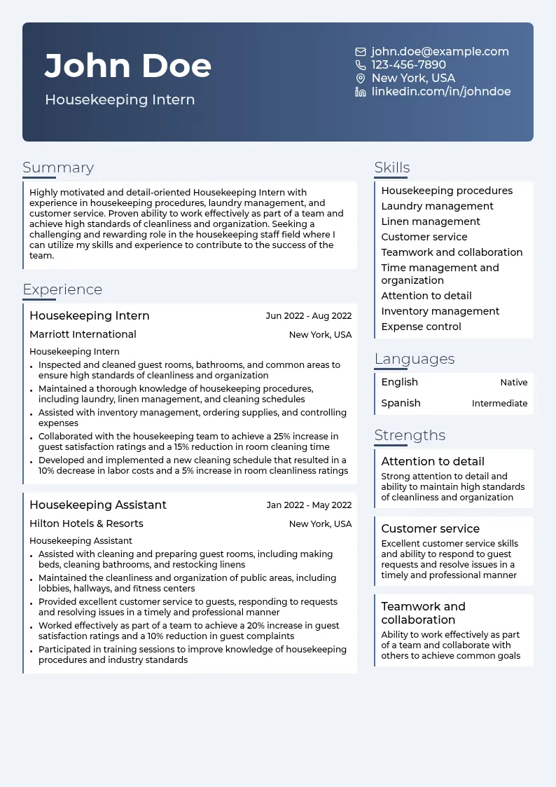 Housekeeping Intern resume example